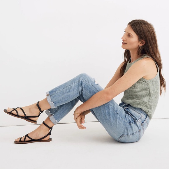 The High-Rise Slim Crop Boyjean in Medium Wash Ripped Knee Raw Hem Straight Leg - Picture 3 of 16